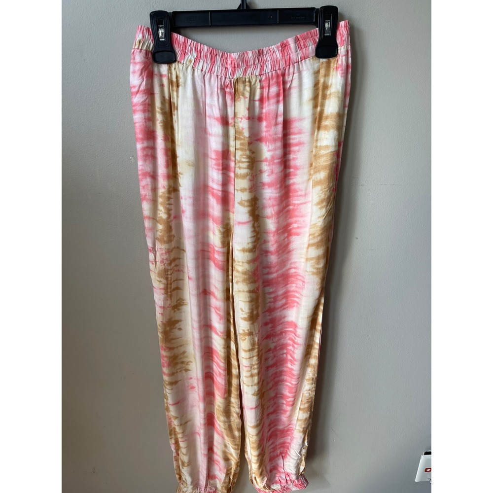 Hyfve Pink Tan Tie Dye Jogger Lounge Pants Elastic Waist Pockets side Splits